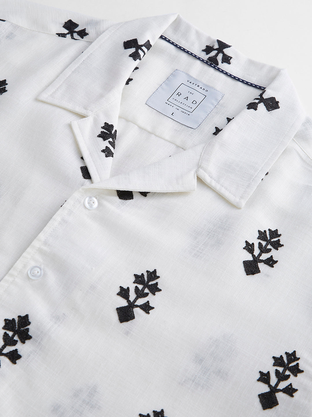 White & Black Motifs Embroidered Notch Collar Oversized Shirt