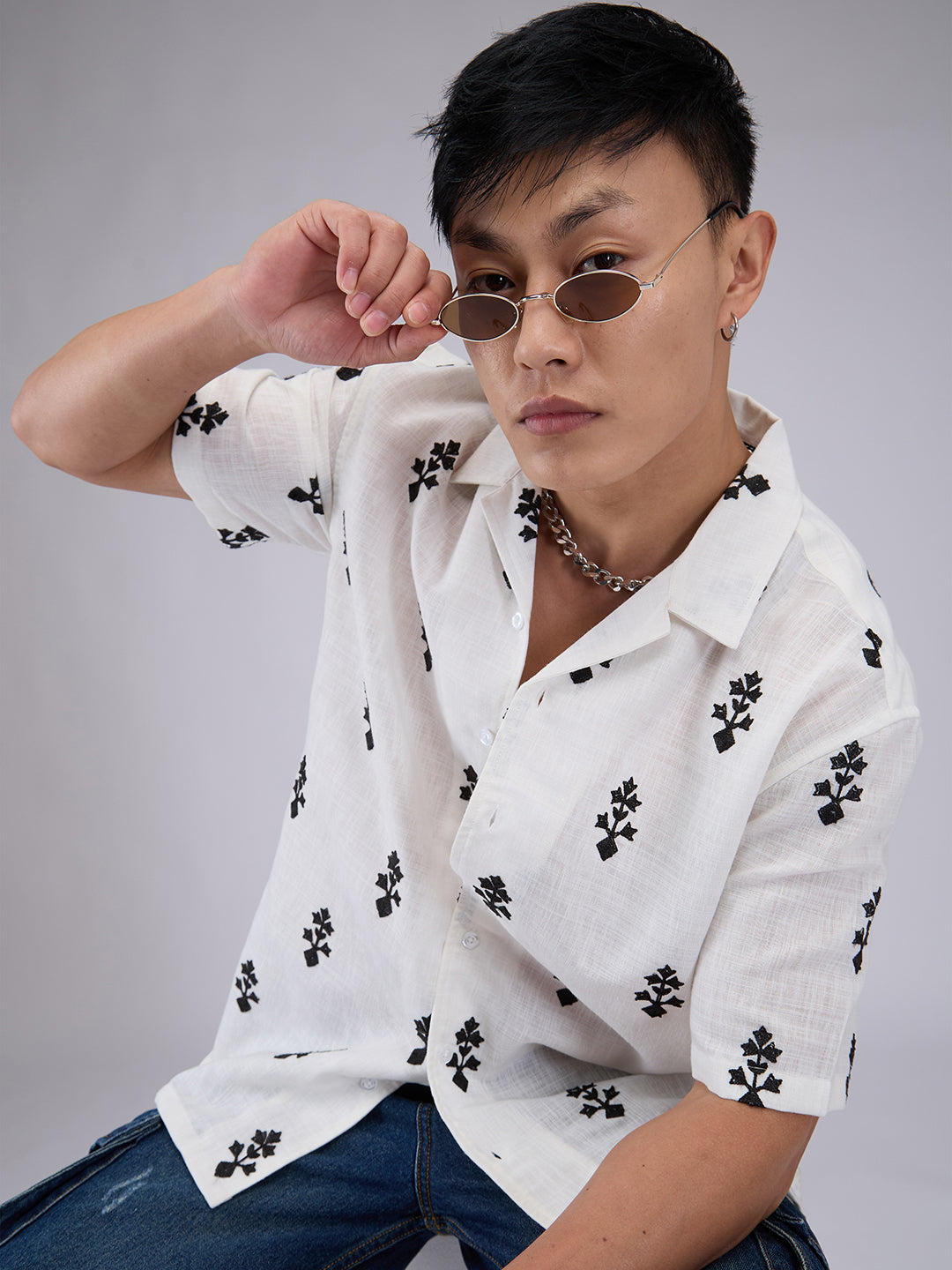 White & Black Motifs Embroidered Notch Collar Oversized Shirt