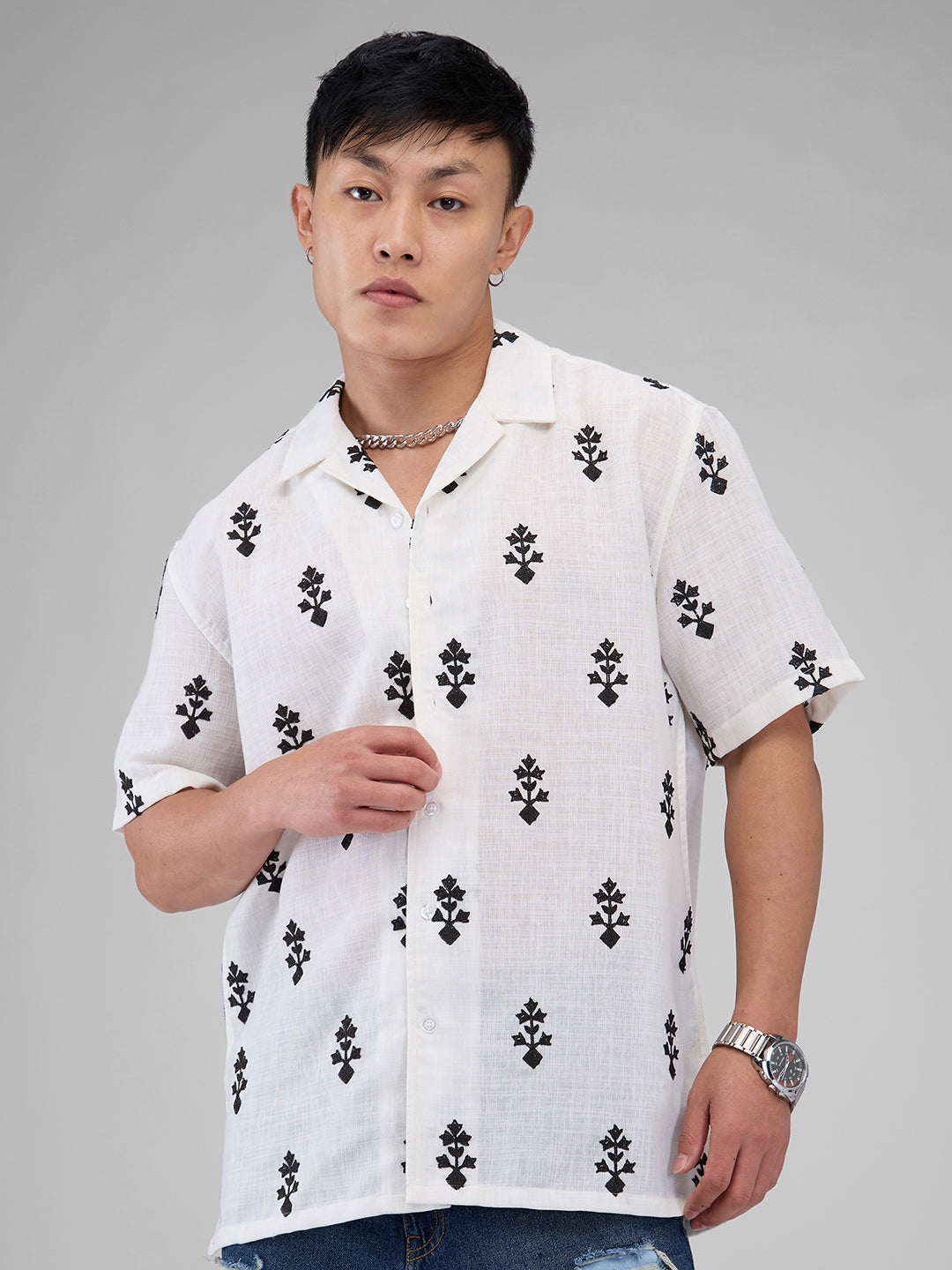 White & Black Motifs Embroidered Notch Collar Oversized Shirt