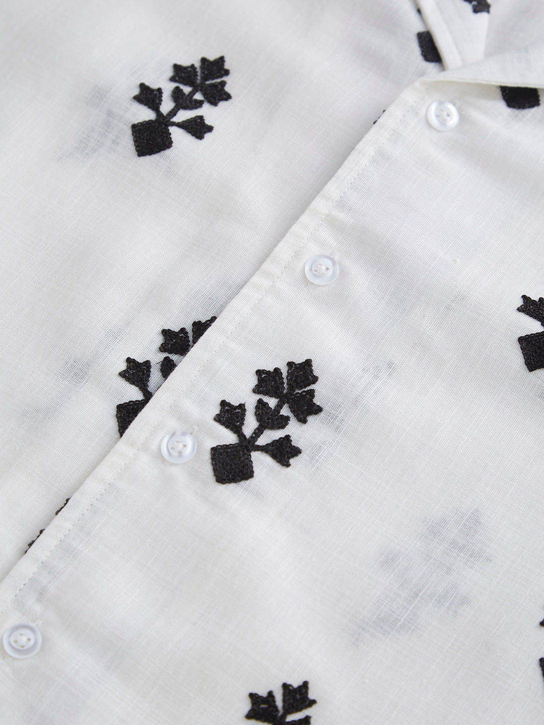 White & Black Motifs Embroidered Notch Collar Oversized Shirt