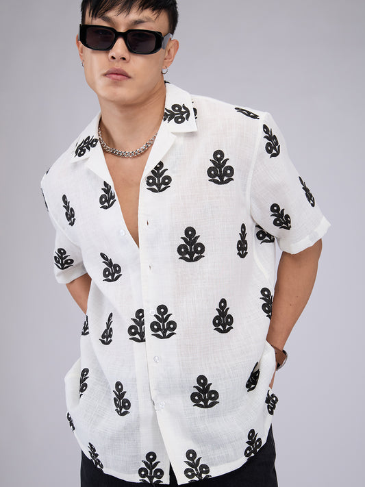 White & Black Embroidered Notch Collar Oversized Shirt