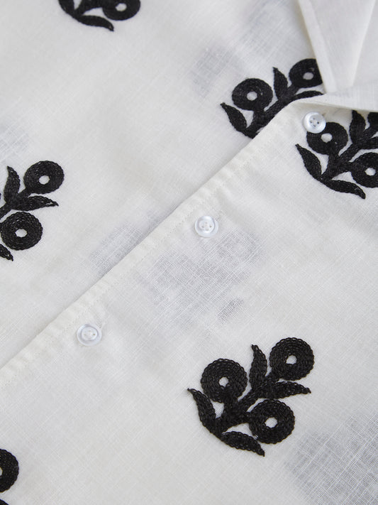 White & Black Embroidered Notch Collar Oversized Shirt