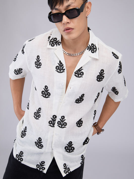 White & Black Embroidered Notch Collar Oversized Shirt