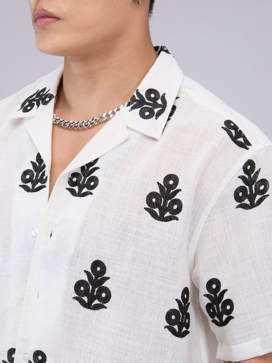 White & Black Embroidered Notch Collar Oversized Shirt