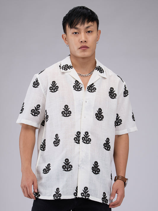 White & Black Embroidered Notch Collar Oversized Shirt