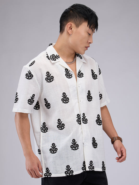 White & Black Embroidered Notch Collar Oversized Shirt