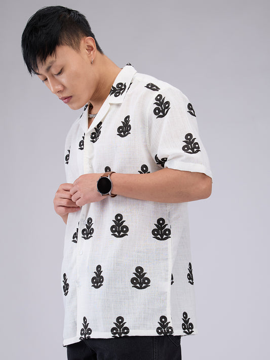 White & Black Embroidered Notch Collar Oversized Shirt