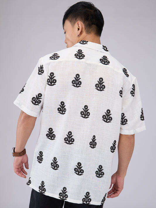 White & Black Embroidered Notch Collar Oversized Shirt