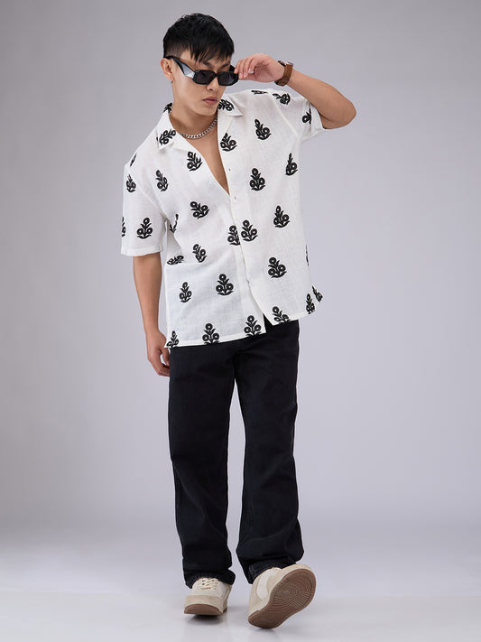 White & Black Embroidered Notch Collar Oversized Shirt