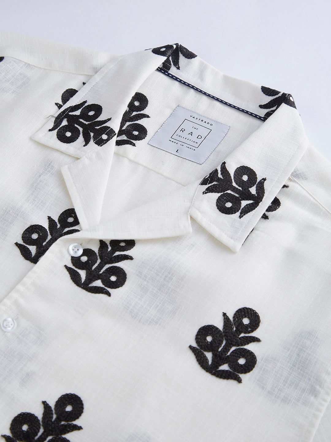 White & Black Embroidered Notch Collar Oversized Shirt