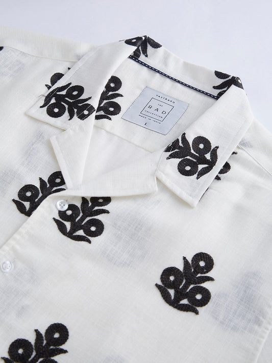 White & Black Embroidered Notch Collar Oversized Shirt