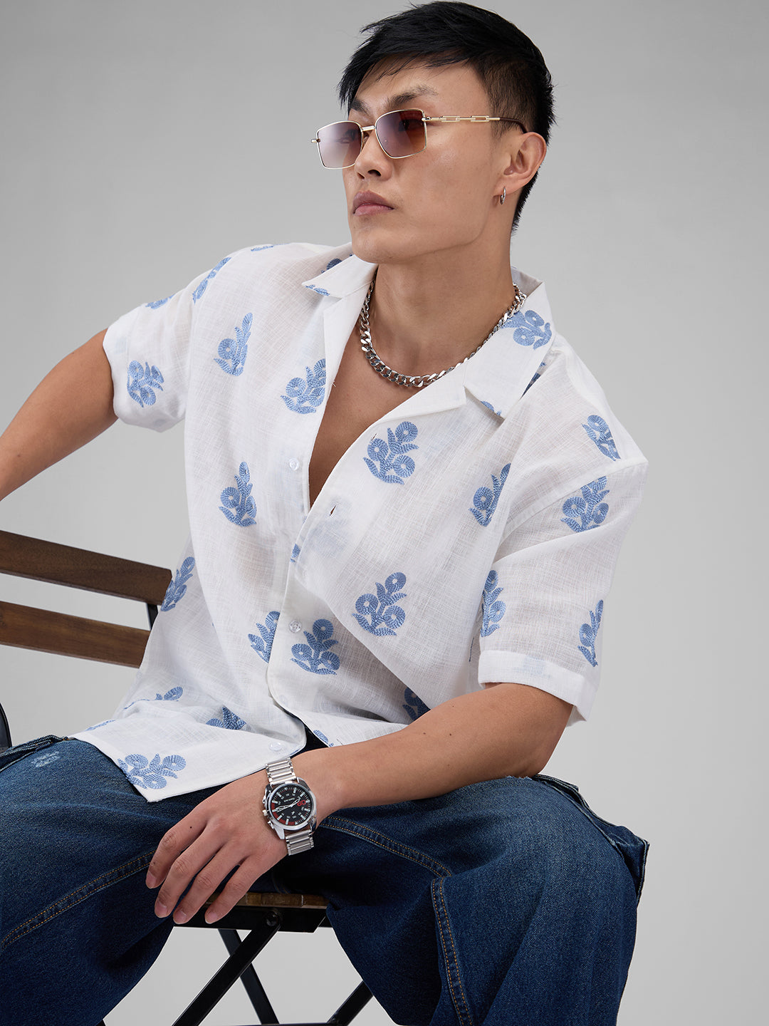 White & Blue Embroidered Notch Collar Oversized Shirt