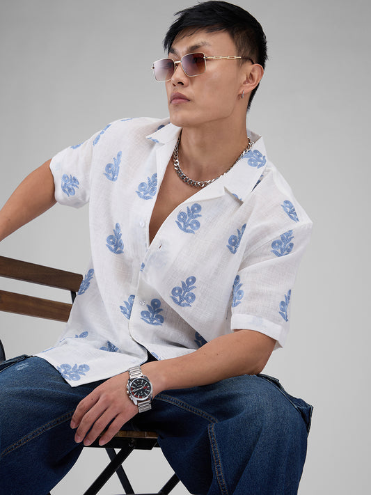 White & Blue Embroidered Notch Collar Oversized Shirt
