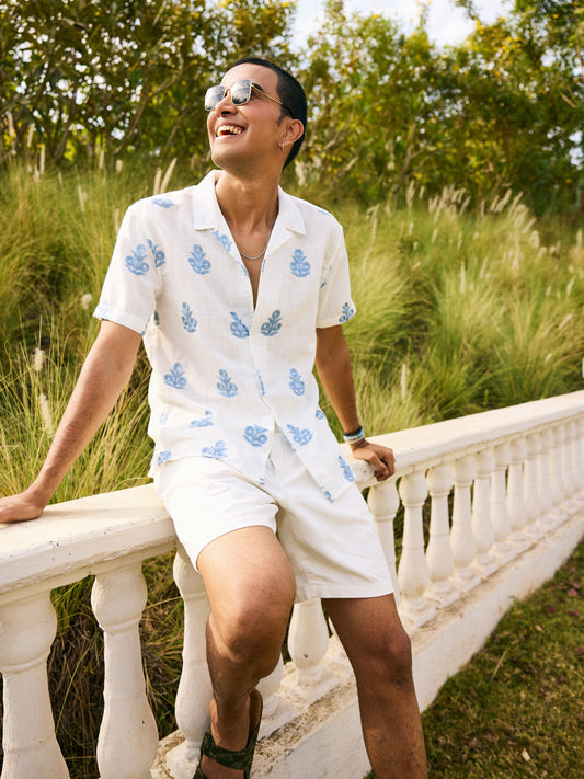 White & Blue Embroidered Notch Collar Oversized Shirt