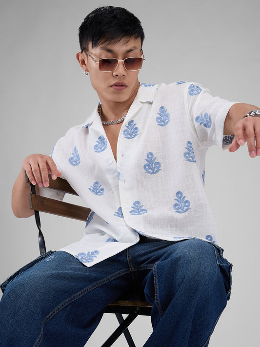 White & Blue Embroidered Notch Collar Oversized Shirt