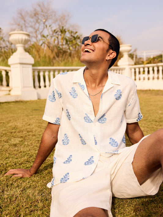 White & Blue Embroidered Notch Collar Oversized Shirt