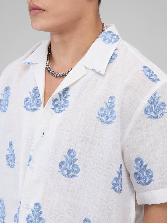 White & Blue Embroidered Notch Collar Oversized Shirt