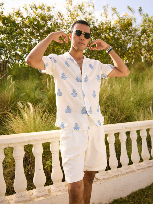 White & Blue Embroidered Notch Collar Oversized Shirt