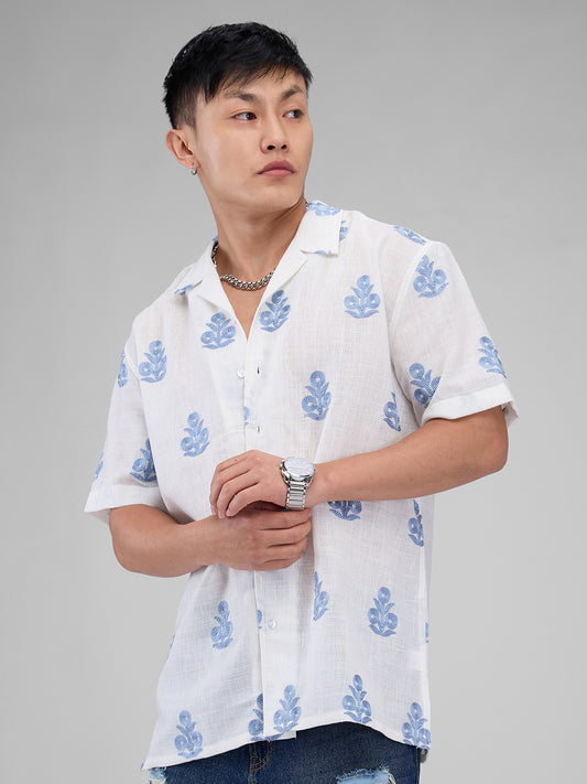 White & Blue Embroidered Notch Collar Oversized Shirt