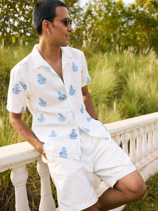 White & Blue Embroidered Notch Collar Oversized Shirt