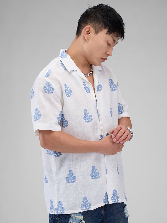 White & Blue Embroidered Notch Collar Oversized Shirt
