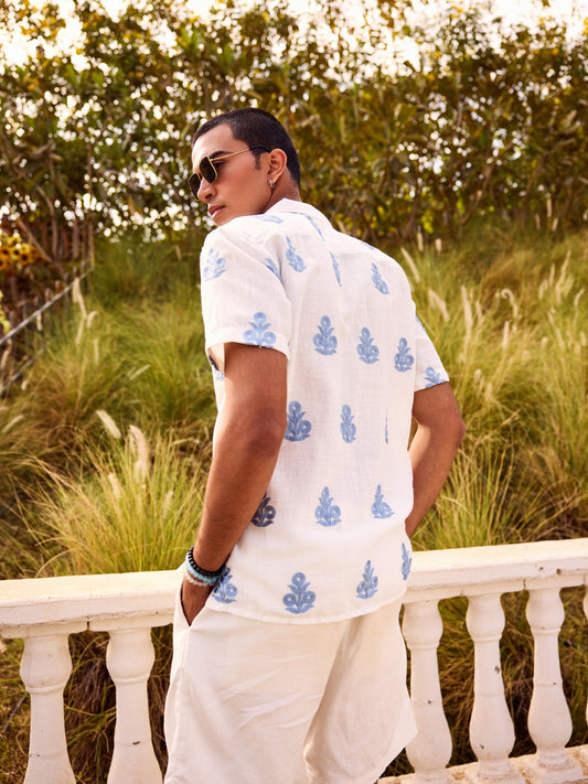 White & Blue Embroidered Notch Collar Oversized Shirt