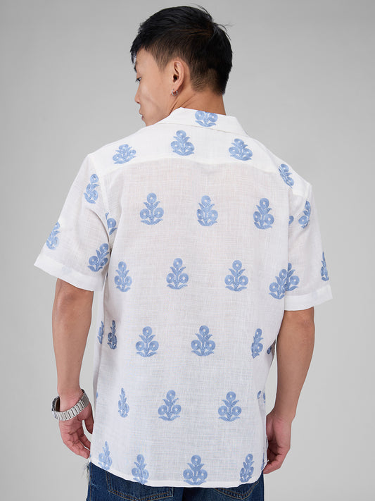White & Blue Embroidered Notch Collar Oversized Shirt