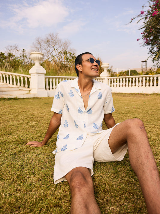 White & Blue Embroidered Notch Collar Oversized Shirt