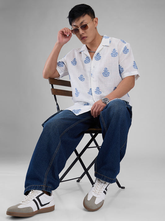 White & Blue Embroidered Notch Collar Oversized Shirt