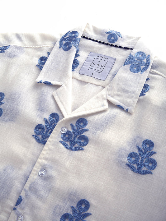 White & Blue Embroidered Notch Collar Oversized Shirt