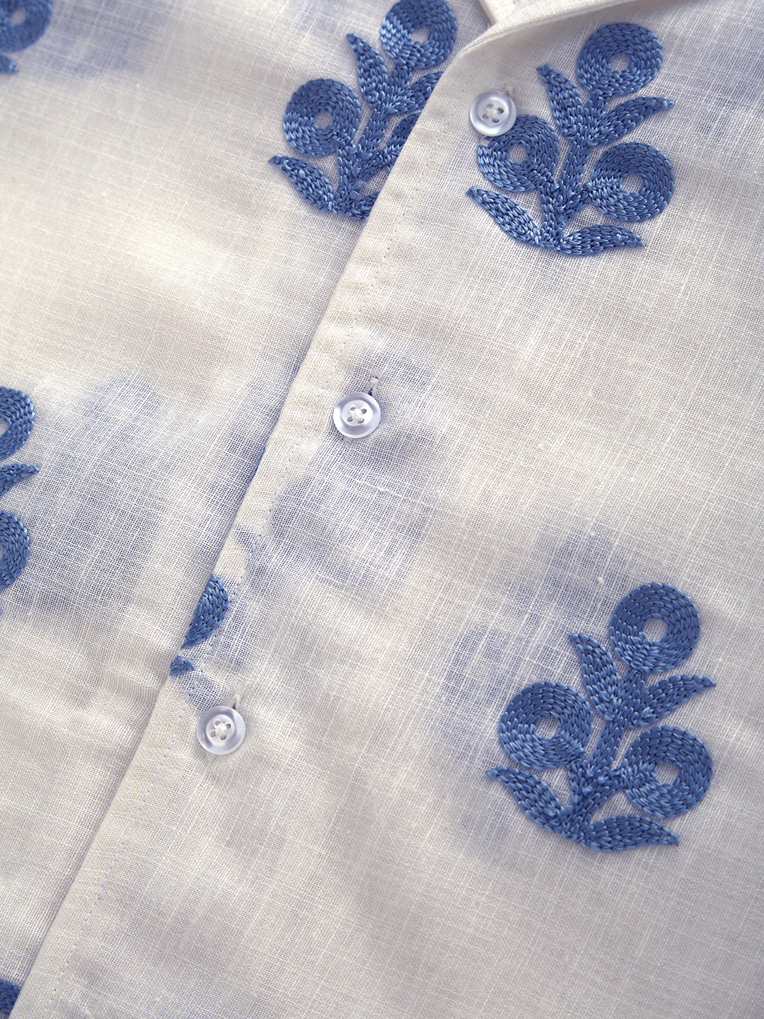 White & Blue Embroidered Notch Collar Oversized Shirt