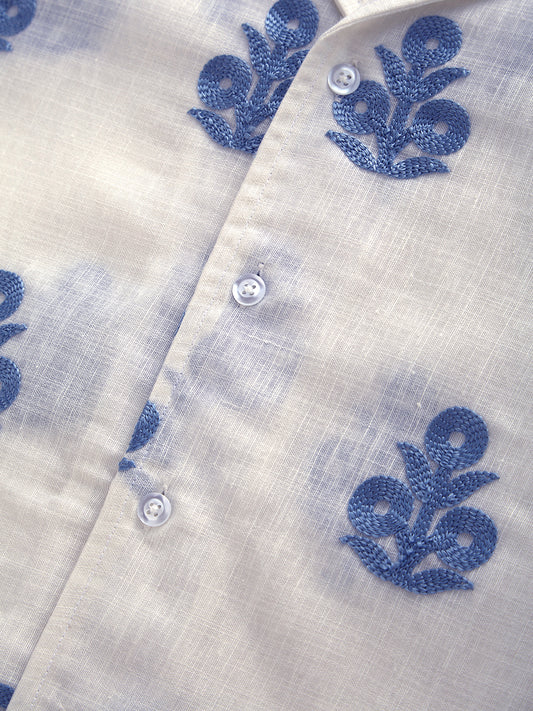 White & Blue Embroidered Notch Collar Oversized Shirt