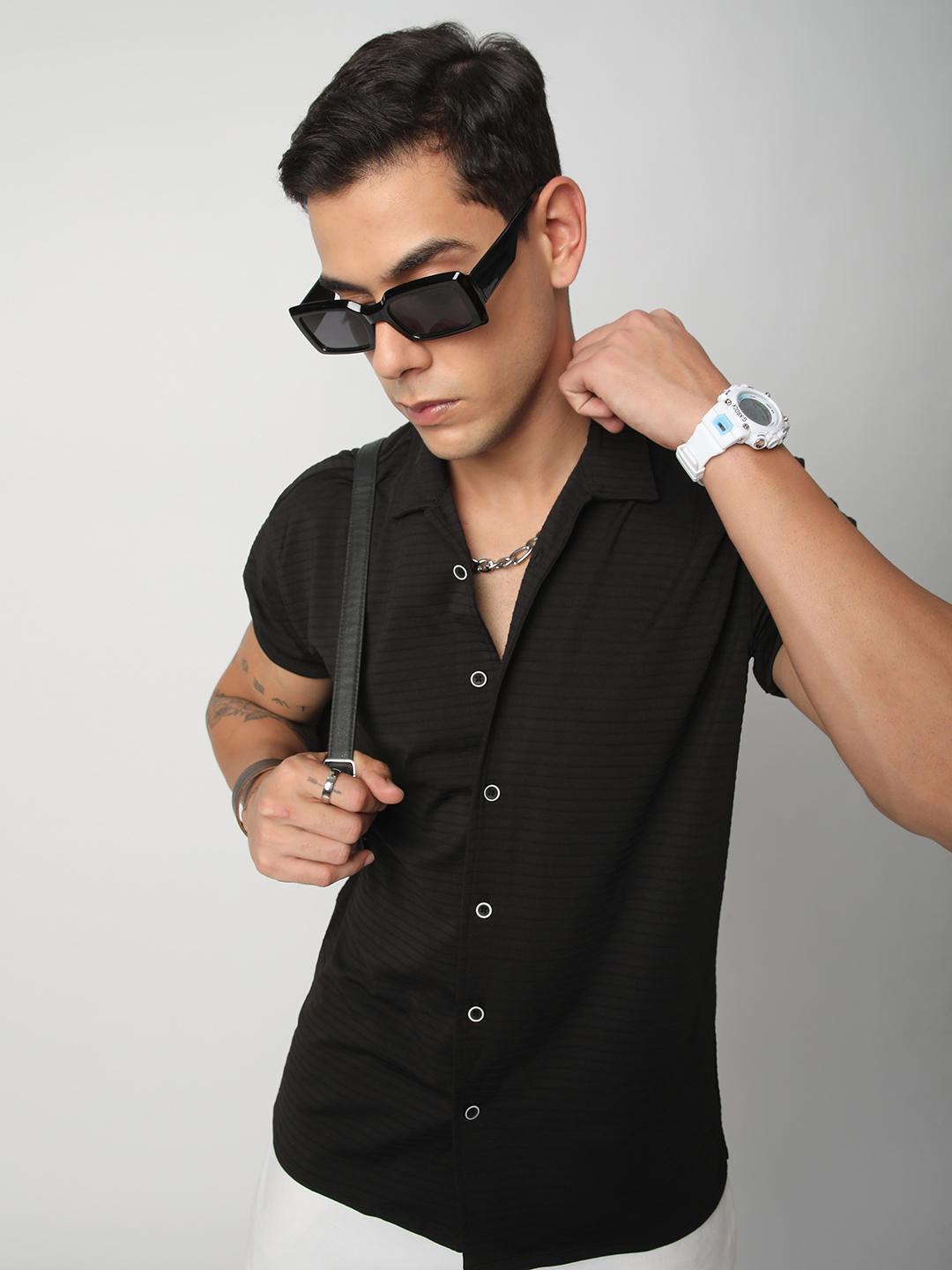 Black Line Textured Knitted Shirt