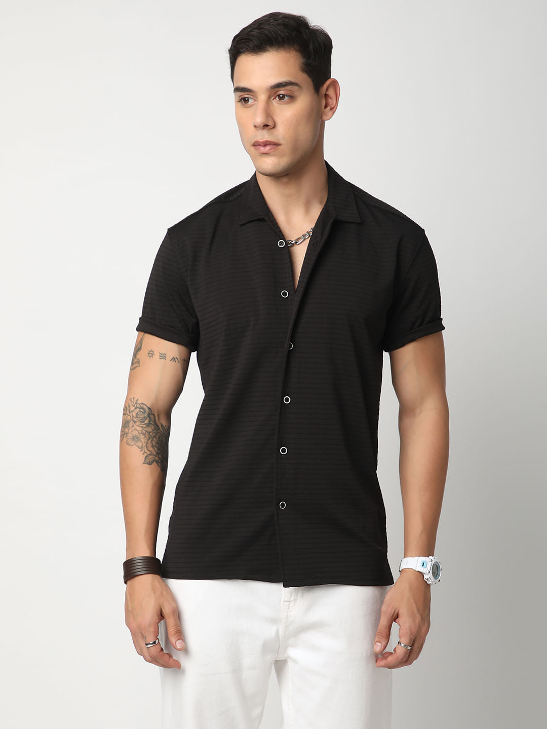 Black Line Textured Knitted Shirt
