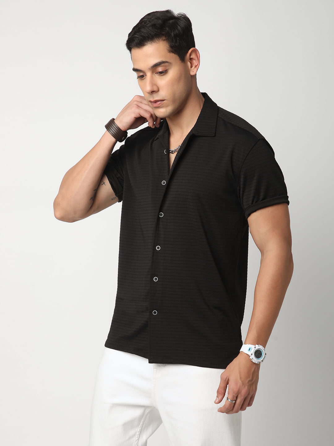 Black Line Textured Knitted Shirt