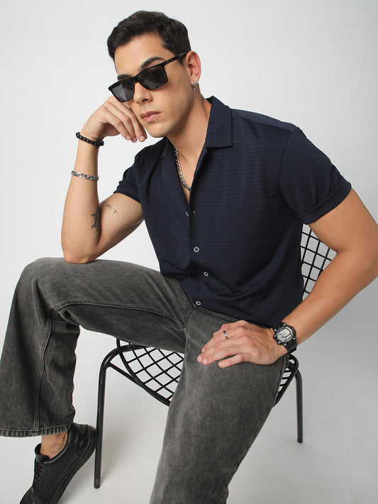 Navy Line Textured Knitted Shirt