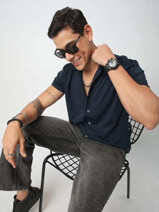Navy Line Textured Knitted Shirt