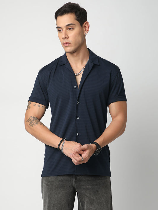 Navy Line Textured Knitted Shirt