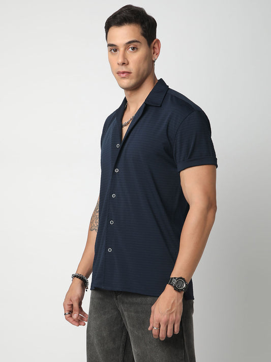Navy Line Textured Knitted Shirt