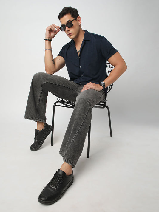 Navy Line Textured Knitted Shirt
