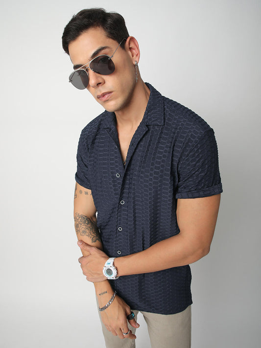 Navy Honeycomb Textured Knitted Shirt