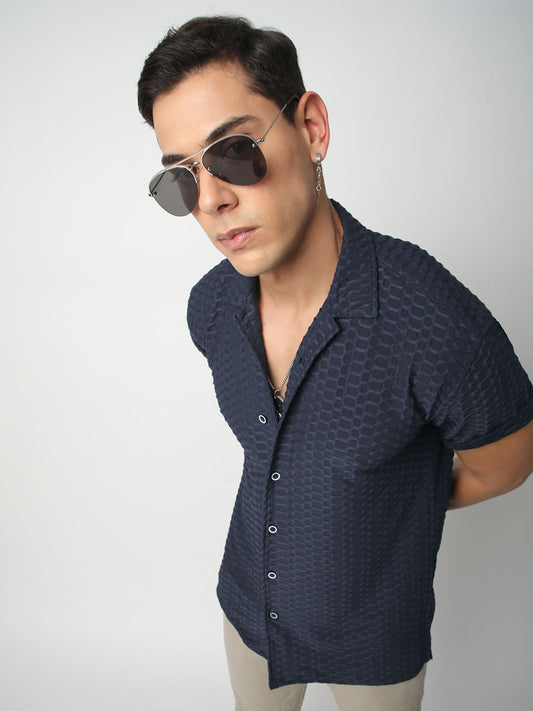 Navy Honeycomb Textured Knitted Shirt
