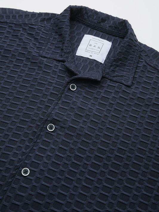 Navy Honeycomb Textured Knitted Shirt
