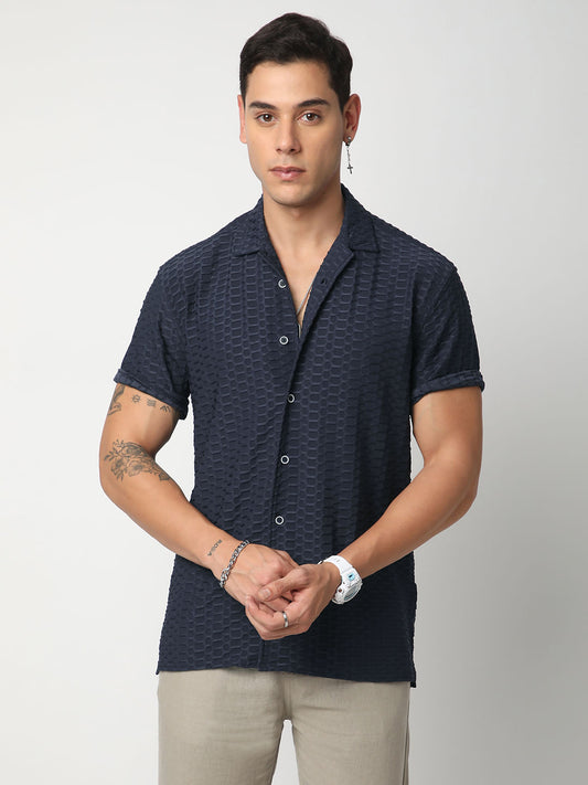 Navy Honeycomb Textured Knitted Shirt