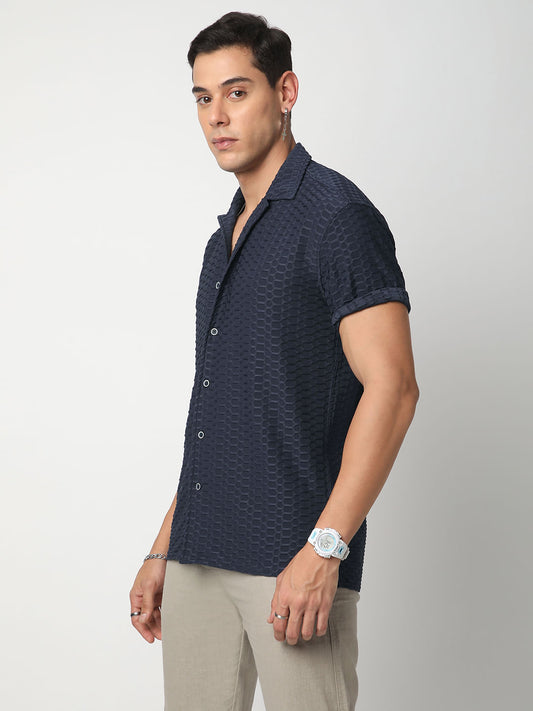 Navy Honeycomb Textured Knitted Shirt