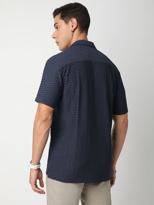 Navy Honeycomb Textured Knitted Shirt