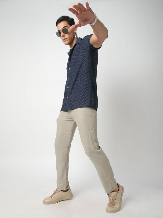 Navy Honeycomb Textured Knitted Shirt
