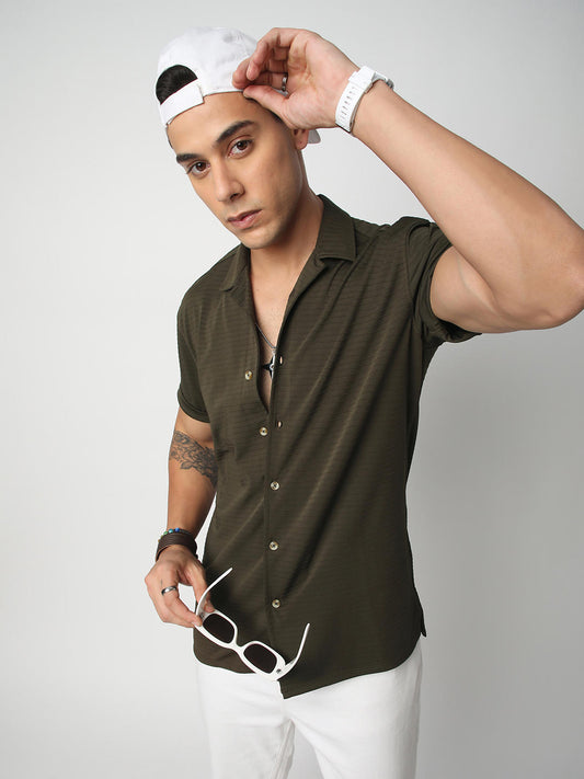 Olive Line Textured Knitted Shirt
