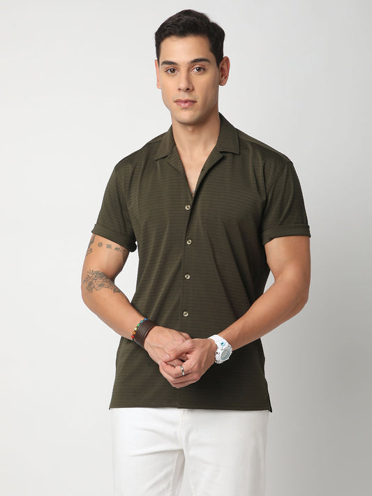 Olive Line Textured Knitted Shirt