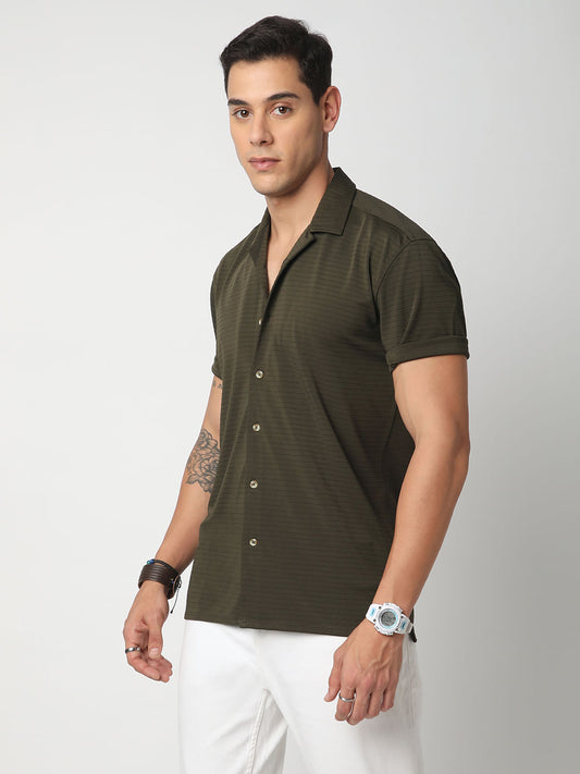 Olive Line Textured Knitted Shirt